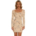 Lines Dots Pattern Abstract Art Long Sleeve Square Neck Bodycon Velvet Dress