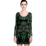 Fractal Green Black 3d Art Floral Pattern Long Sleeve Bodycon Dress