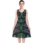 Fractal Green Black 3d Art Floral Pattern V-Neck Midi Sleeveless Dress 