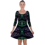 Fractal Green Black 3d Art Floral Pattern Quarter Sleeve Skater Dress