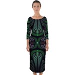 Fractal Green Black 3d Art Floral Pattern Quarter Sleeve Midi Bodycon Dress