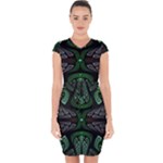 Fractal Green Black 3d Art Floral Pattern Capsleeve Drawstring Dress 
