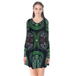 Fractal Green Black 3d Art Floral Pattern Long Sleeve V-neck Flare Dress