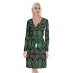 Fractal Green Black 3d Art Floral Pattern Long Sleeve Velvet Front Wrap Dress