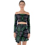 Fractal Green Black 3d Art Floral Pattern Off Shoulder Top with Skirt Set