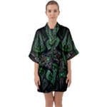 Fractal Green Black 3d Art Floral Pattern Half Sleeve Satin Kimono 