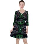 Fractal Green Black 3d Art Floral Pattern Quarter Sleeve Ruffle Waist Dress