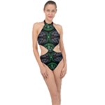 Fractal Green Black 3d Art Floral Pattern Halter Side Cut Swimsuit