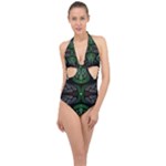 Fractal Green Black 3d Art Floral Pattern Halter Front Plunge Swimsuit