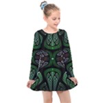 Fractal Green Black 3d Art Floral Pattern Kids  Long Sleeve Dress
