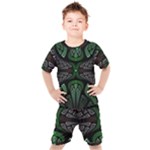 Fractal Green Black 3d Art Floral Pattern Kids  T-Shirt and Shorts Set