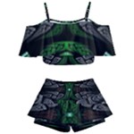 Fractal Green Black 3d Art Floral Pattern Kids  Off Shoulder Skirt Bikini