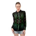Fractal Green Black 3d Art Floral Pattern Long Sleeve Chiffon Shirt