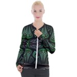 Fractal Green Black 3d Art Floral Pattern Casual Zip Up Jacket