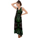 Fractal Green Black 3d Art Floral Pattern V-Neck Chiffon Maxi Dress