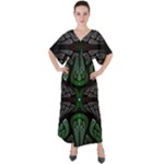 Fractal Green Black 3d Art Floral Pattern V-Neck Boho Style Maxi Dress