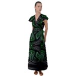 Fractal Green Black 3d Art Floral Pattern Flutter Sleeve Maxi Dress