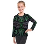 Fractal Green Black 3d Art Floral Pattern Kids  Long Mesh T-Shirt
