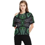 Fractal Green Black 3d Art Floral Pattern One Shoulder Cut Out T-Shirt