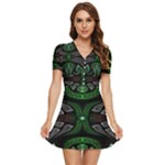 Fractal Green Black 3d Art Floral Pattern V-Neck High Waist Chiffon Mini Dress