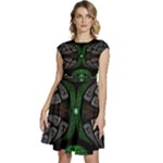 Fractal Green Black 3d Art Floral Pattern Cap Sleeve High Waist Dress