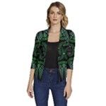 Fractal Green Black 3d Art Floral Pattern Women s Draped Front 3/4 Sleeve Shawl Collar Jacket