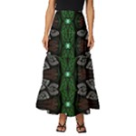 Fractal Green Black 3d Art Floral Pattern Tiered Ruffle Maxi Skirt
