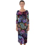 Floral Fractal 3d Art Pattern Quarter Sleeve Midi Bodycon Dress