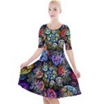 Floral Fractal 3d Art Pattern Quarter Sleeve A-Line Dress