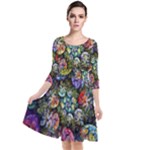 Floral Fractal 3d Art Pattern Quarter Sleeve Waist Band Dress