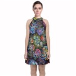 Floral Fractal 3d Art Pattern Velvet Halter Neckline Dress 