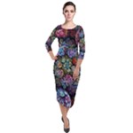 Floral Fractal 3d Art Pattern Quarter Sleeve Midi Velour Bodycon Dress