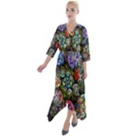Floral Fractal 3d Art Pattern Quarter Sleeve Wrap Front Maxi Dress