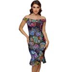 Floral Fractal 3d Art Pattern Off Shoulder Ruffle Split Hem Bodycon Dress