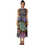 Floral Fractal 3d Art Pattern Sleeveless Round Neck Midi Dress