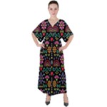 Mexican Folk Art Seamless Pattern V-Neck Boho Style Maxi Dress