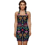 Mexican Folk Art Seamless Pattern Sleeveless Wide Square Neckline Ruched Bodycon Dress