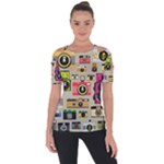 Retro Camera Pattern Graph Shoulder Cut Out Short Sleeve Top