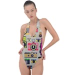 Retro Camera Pattern Graph Backless Halter One Piece Swimsuit