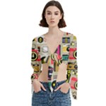 Retro Camera Pattern Graph Trumpet Sleeve Cropped Top