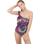 Human Eye Pattern Frilly One Shoulder Swimsuit