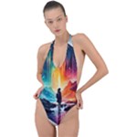 Starry Night Wanderlust: A Whimsical Adventure Backless Halter One Piece Swimsuit