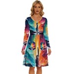 Starry Night Wanderlust: A Whimsical Adventure Long Sleeve Dress With Pocket