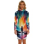 Starry Night Wanderlust: A Whimsical Adventure Long Sleeve Shirt Collar Bodycon Dress