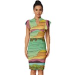 Painting Colors Box Green Vintage Frill Sleeve V-Neck Bodycon Dress