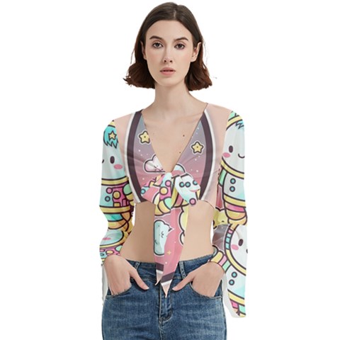 Boy Astronaut Cotton Candy Childhood Fantasy Tale Literature Planet Universe Kawaii Nature Cute Clou Trumpet Sleeve Cropped Top from ZippyPress