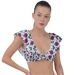Roses Flowers Leaves Pattern Scrapbook Paper Floral Background Plunge Frill Sleeve Bikini Top