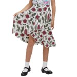 Roses Flowers Leaves Pattern Scrapbook Paper Floral Background Kids  Ruffle Flared Wrap Midi Skirt