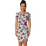 Roses Flowers Leaves Pattern Scrapbook Paper Floral Background Fitted Knot Split End Bodycon Dress