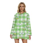 Frog Cartoon Pattern Cloud Animal Cute Seamless Round Neck Long Sleeve Bohemian Style Chiffon Mini Dress